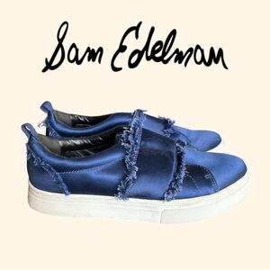 Sam Edelman Levine Navy Blue Satin Frayed Slip-On Loafers Women’s Size 8.5